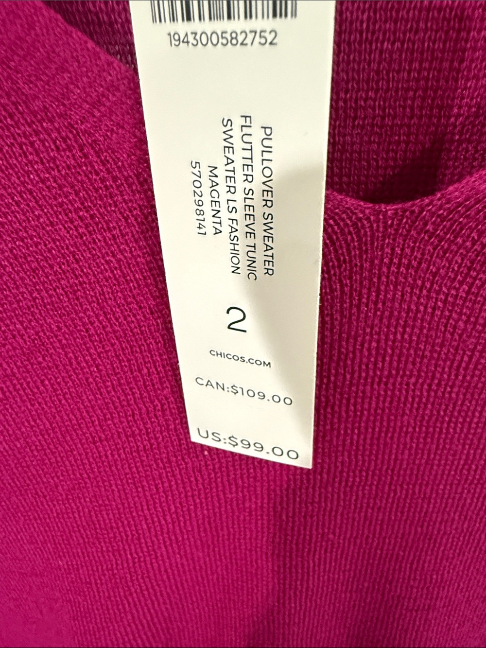 Chico's Bright Magenta V-Neck Knit Top - Picture 2 of 4